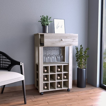 Tuhome Memphis Bar Cart, Twelve Built-in Wine Rack, Four Legs, One Open Shelf, Light Gray BLZ6720